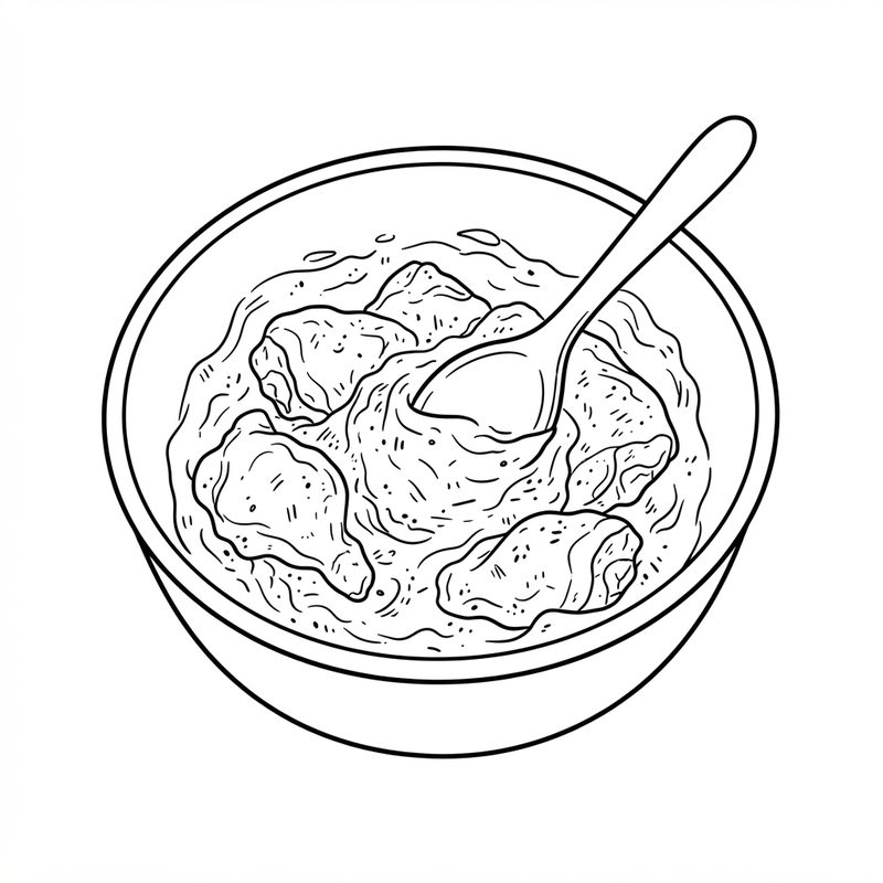 Line drawing of chicken pieces coated in a thick yogurt marinade in a mixing bowl, with a spoon.