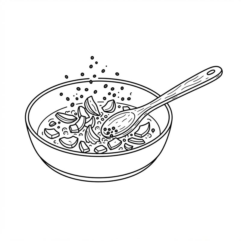 Line drawing of chopped onion and small seeds in hot oil in a deep pan, stirred with a wooden spoon.
