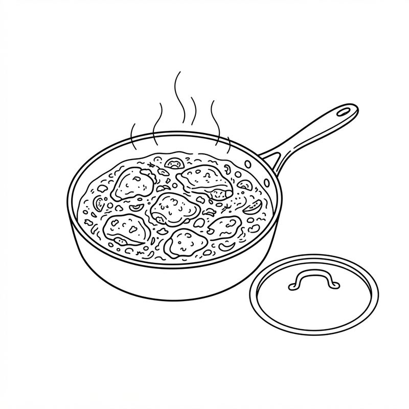 Line drawing of chicken pieces simmering in a thick gravy in a steaming pan, with the lid set beside it.