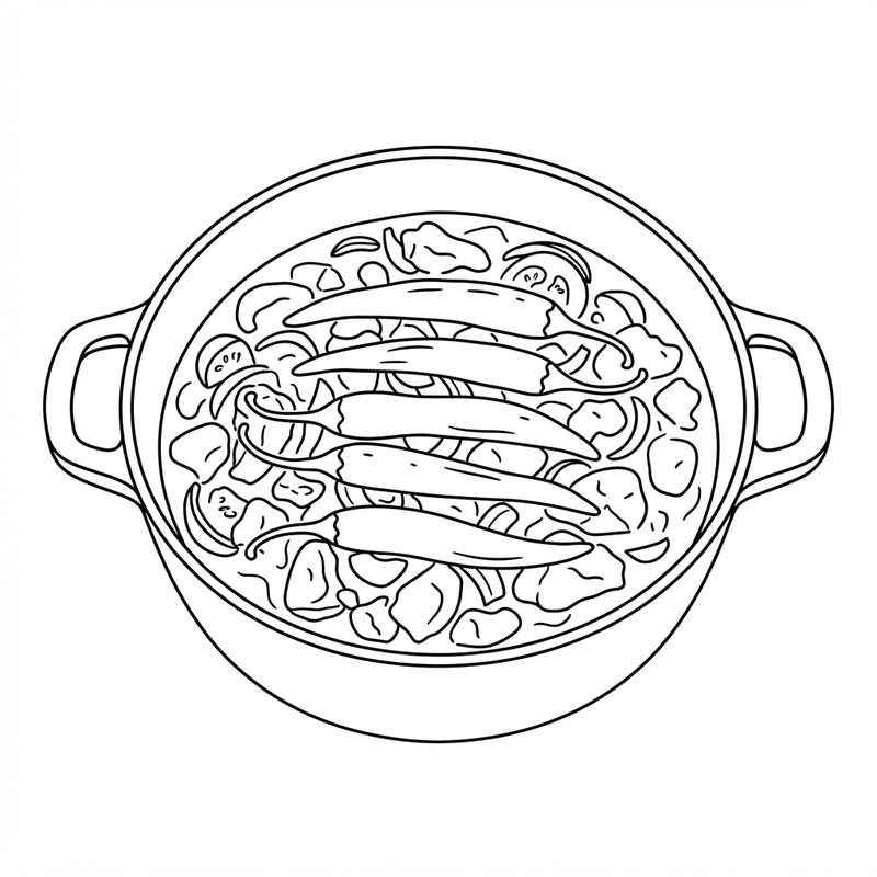 Line drawing of whole long green chillies laid across a chicken curry in a two-handled pot.