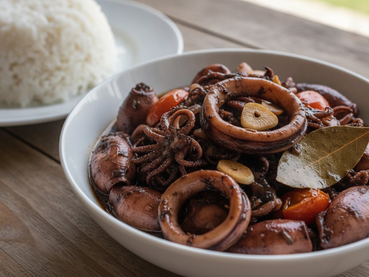 Adobong pusit in a white bowl: squid rings, small whole squid and tentacles in a dark ink-and-soy sauce with tomato pieces, garlic slices and a bay leaf, beside a plate of steamed white rice