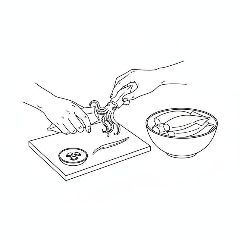 Line drawing of two hands pulling the head and tentacles out of a squid body over a cutting board, with a small dish of ink sacs, a thin quill and a bowl of cleaned squid tubes