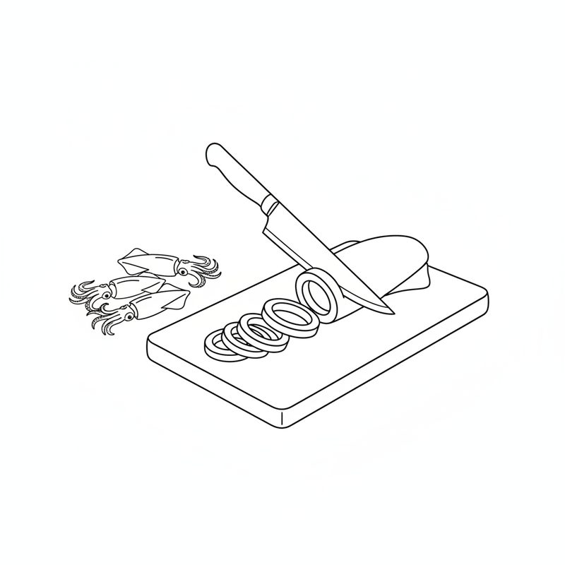 Line drawing of a knife slicing a squid body into rings on a cutting board, with three small whole squid beside it