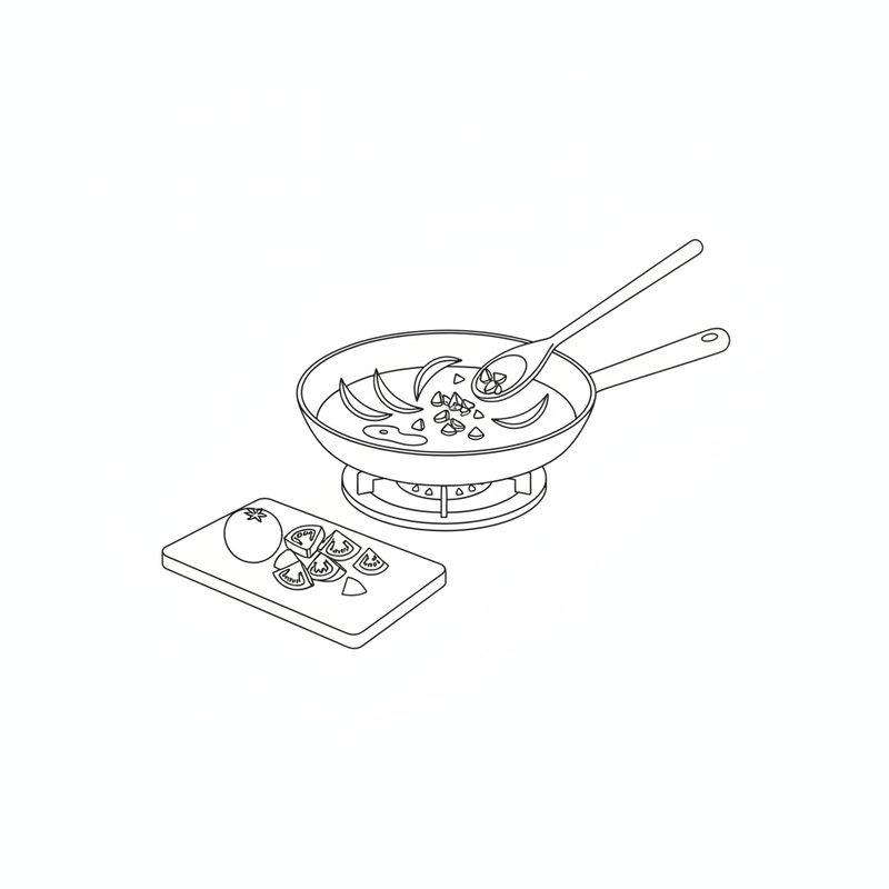 Line drawing of a wooden spoon stirring sliced onion and chopped garlic in a frying pan on a gas burner, with a cut tomato on a board