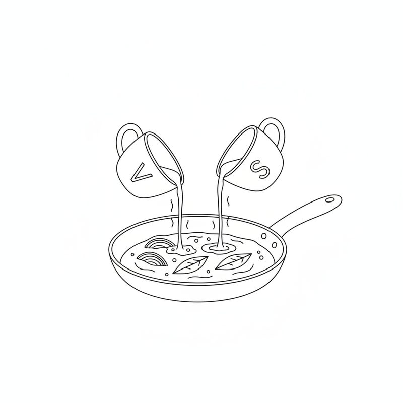 Line drawing of two cups pouring vinegar and soy sauce into a frying pan of onions with two bay leaves
