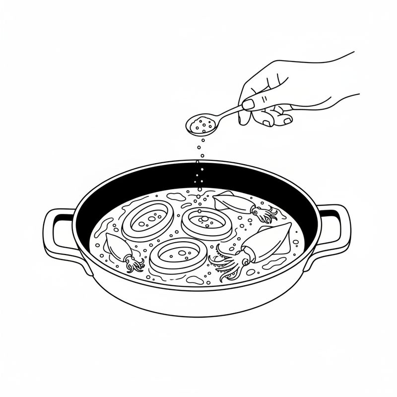 Line drawing of a hand sprinkling sugar from a spoon over squid rings and small whole squid simmering in a pan of sauce