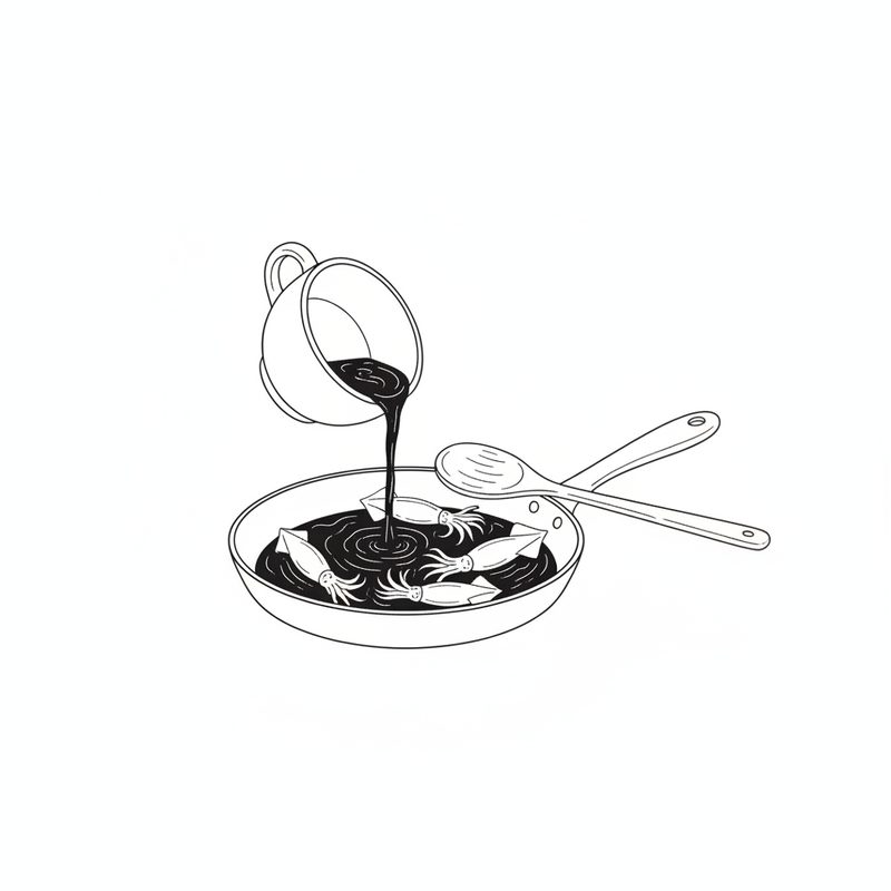 Line drawing of a cup pouring dark squid ink into a frying pan of small squid, with a wooden spoon resting on the pan