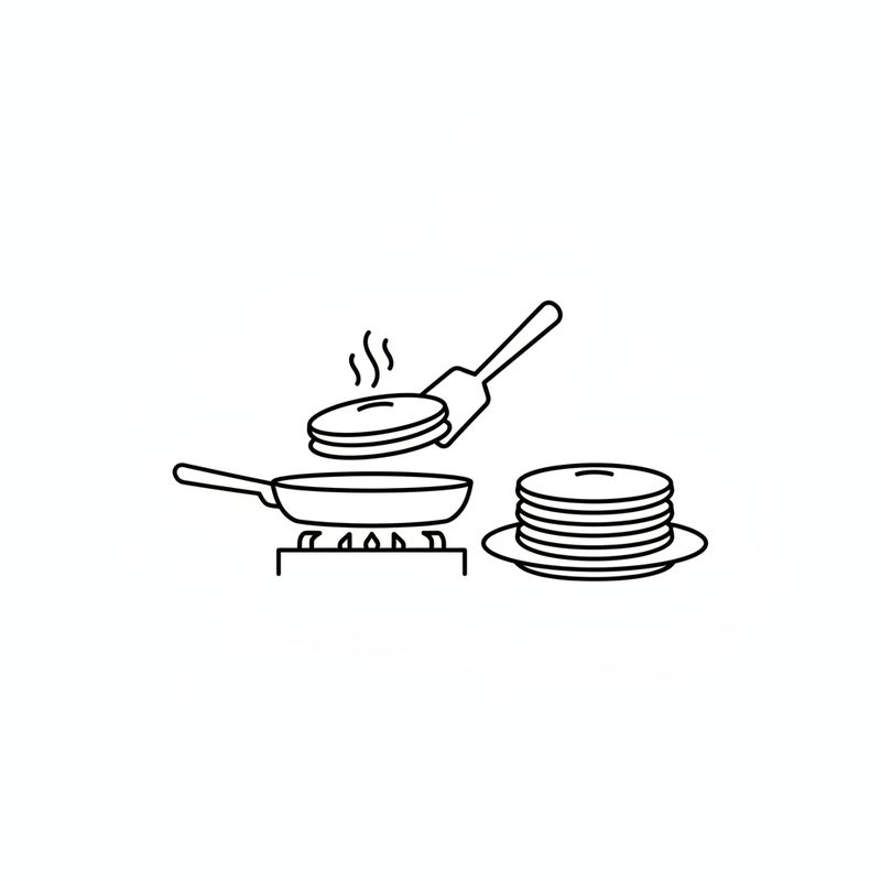 Line drawing of a spatula lifting a pancake above a frying pan on a gas burner, a stack of pancakes on a plate beside it