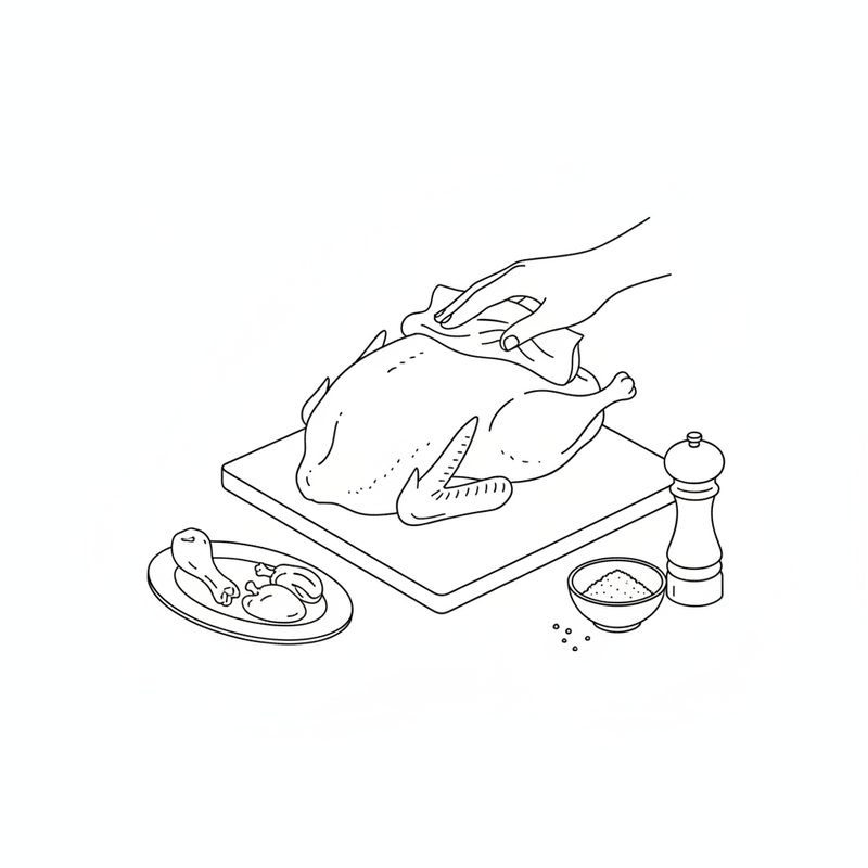 Line drawing of a hand patting a whole raw duck dry with a paper towel on a cutting board, a bowl of salt, a pepper mill and the giblets on a small plate beside it