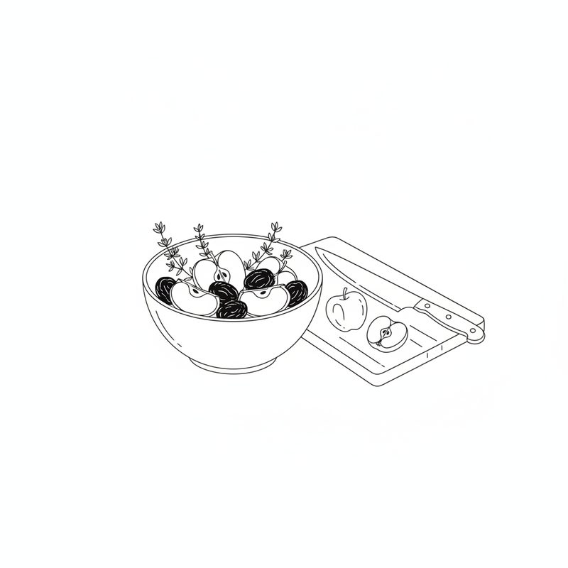 Line drawing of a bowl of apple wedges and prunes with a few thyme sprigs, a cutting board with a whole and a halved apple and a knife beside it