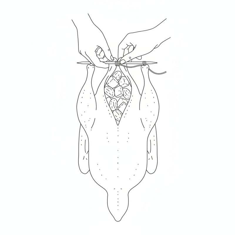 Line drawing of two hands closing the filled cavity of a raw duck with a skewer and kitchen string, apple pieces and prunes visible inside