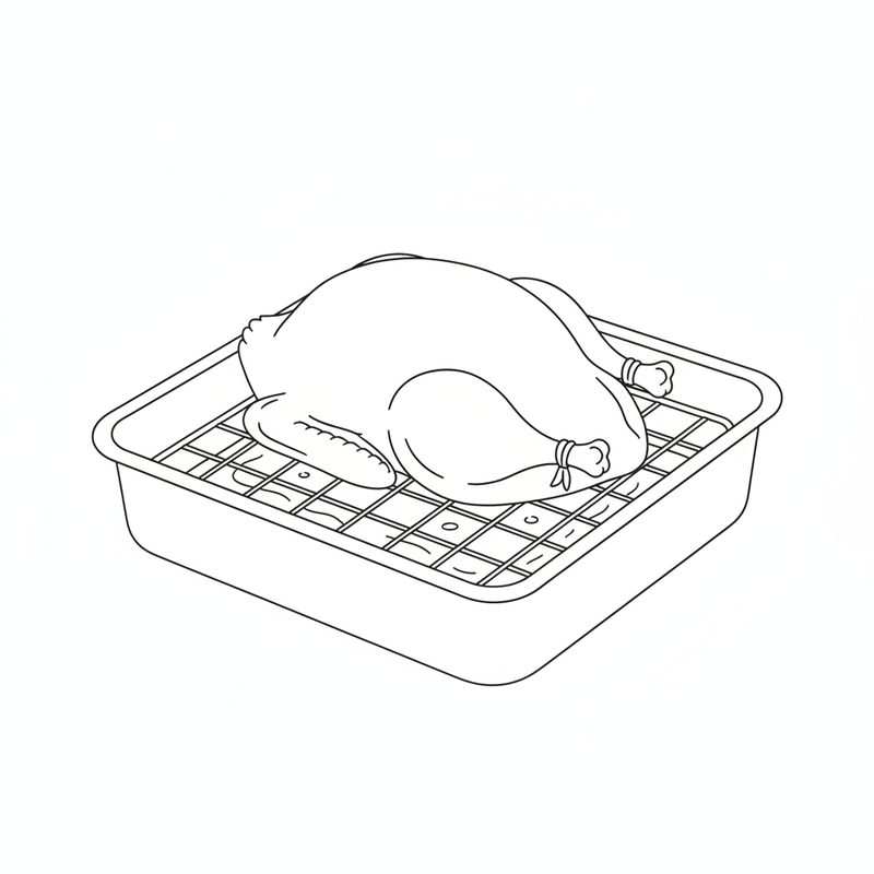 Line drawing of a whole raw duck, legs tied, sitting breast side up on a wire rack inside a deep roasting tin