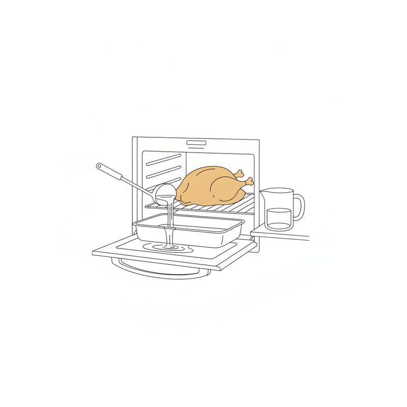Line drawing of an open oven with a golden roast duck on the rack and the roasting tin pulled out, a ladle pouring liquid in the tin and a measuring jug beside it
