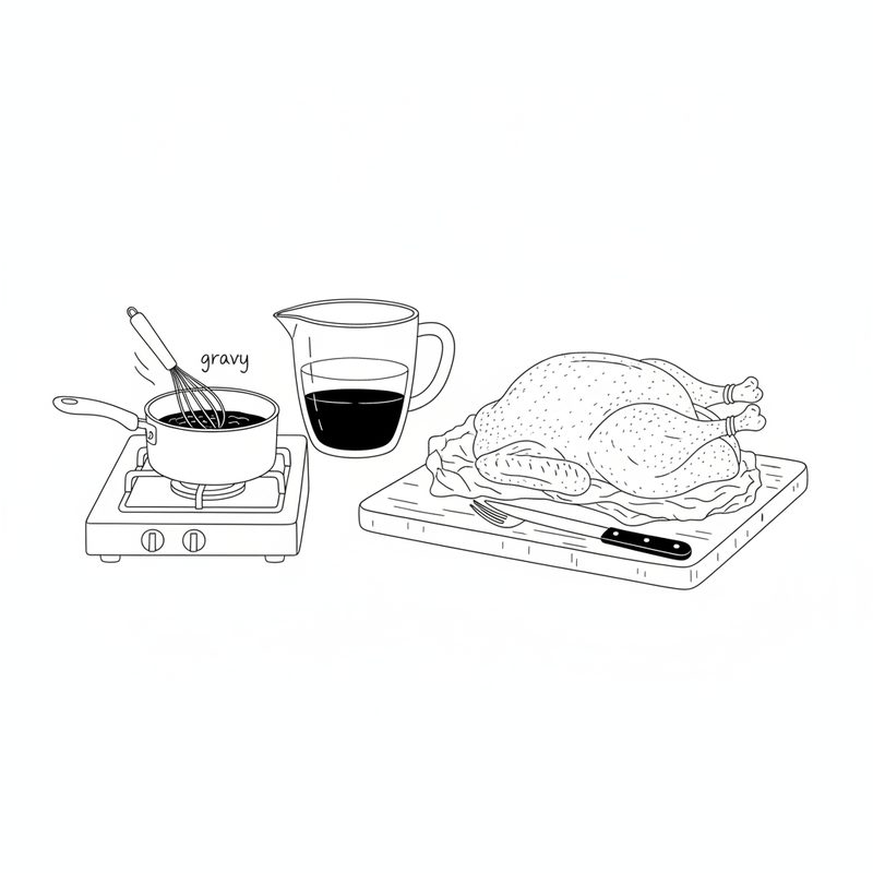 Line drawing of gravy being whisked in a saucepan on a hob next to a jug of strained juices, while the roast duck rests on a carving board