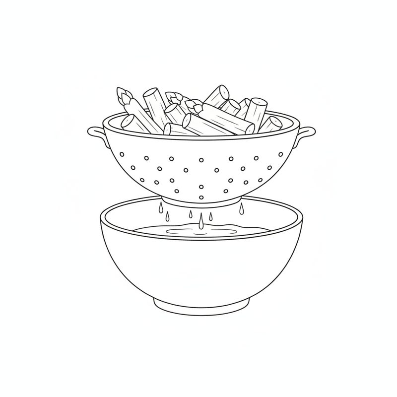 Line drawing of short asparagus pieces draining in a colander set over a bowl, liquid dripping into the bowl