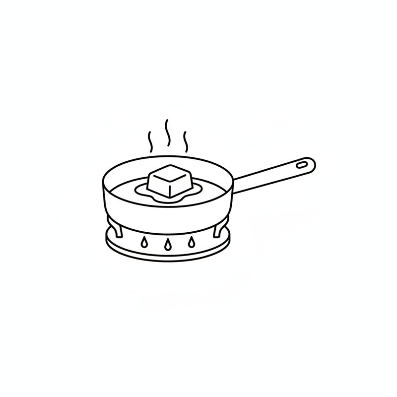 Line drawing of a block of margarine melting in a frying pan on a gas burner