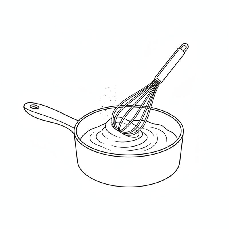Line drawing of a whisk stirring a smooth, thick mixture in a saucepan