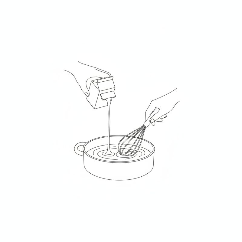 Line drawing of milk poured from a carton into a saucepan while a second hand whisks