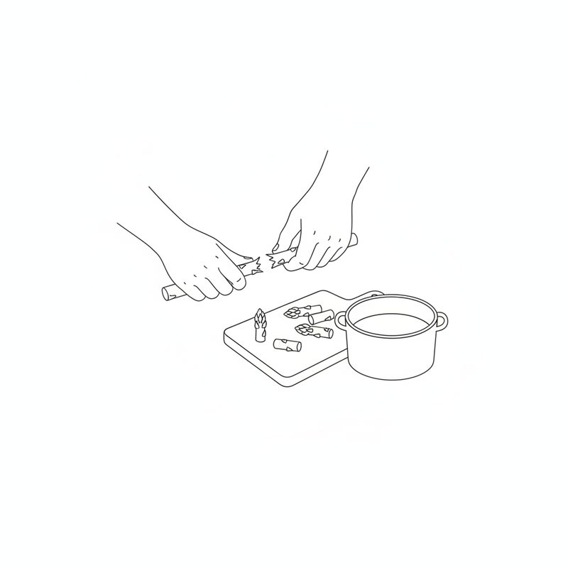Line drawing of hands snapping the end off an asparagus spear, cut pieces on a chopping board beside a pot