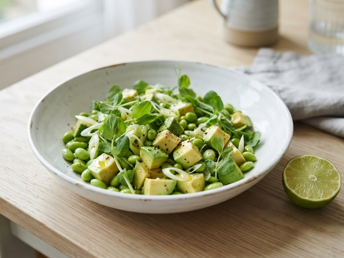 A white bowl of avocado salad with cubed avocado, shelled edamame beans, thin rings of spring onion and pea shoots, flecked with black pepper, a halved lime beside it on a light wooden table