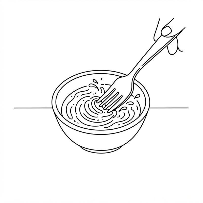 Line drawing of a hand whisking a dressing with a fork in a small round bowl