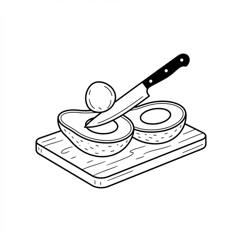 Line drawing of an avocado cut in half on a wooden cutting board, a chef's knife lifting the round stone out of one half