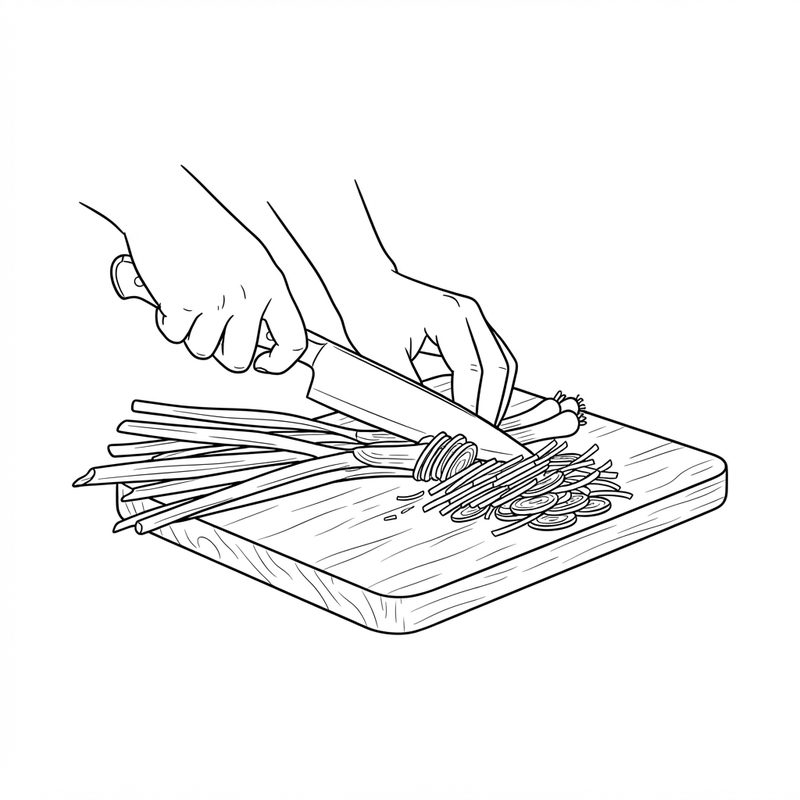 Line drawing of two hands slicing spring onions into thin rounds and strips with a chef's knife on a wooden board