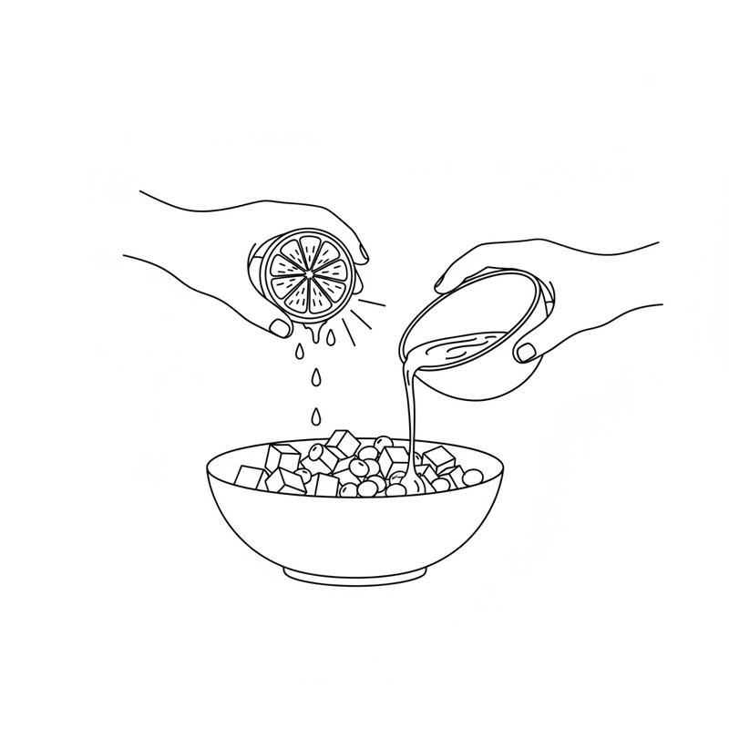 Line drawing of one hand squeezing half a lime and another pouring dressing from a small bowl over avocado cubes and edamame beans in a mixing bowl