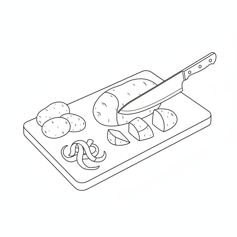 Line drawing of a knife cutting a peeled potato into chunks on a cutting board, with whole potatoes and a curl of peel beside it