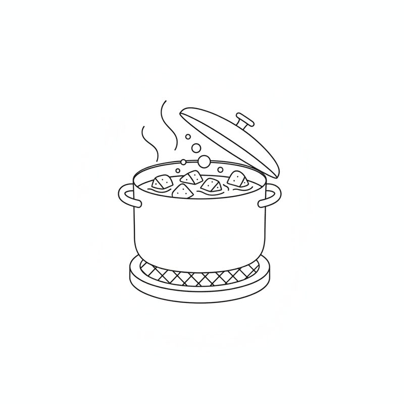 Line drawing of potato chunks in a pot of steaming water on a stove ring, the lid tilted open