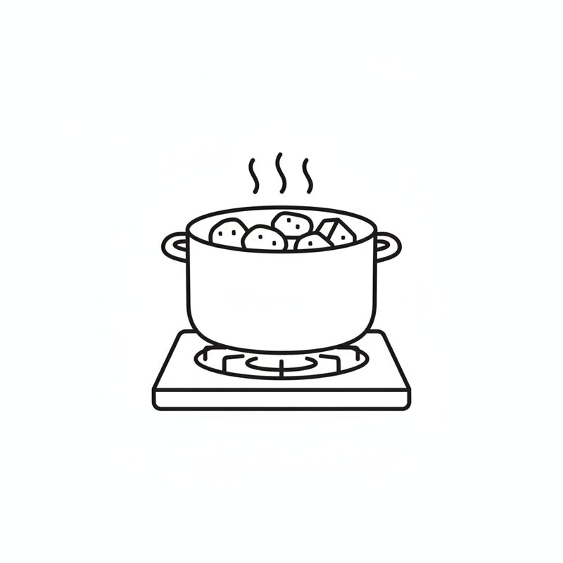 Line drawing of a pot of cooked potatoes back on a stove burner with steam rising as they dry