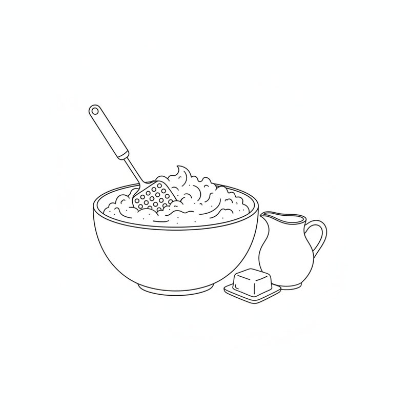 Line drawing of a potato masher in a large bowl of mashed potato, with a block of butter and a cream jug beside it