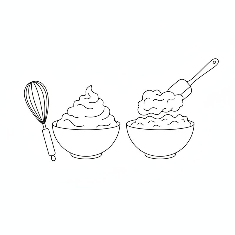 Line drawing of a whisk beside a bowl of stiffly whipped egg whites, and a spatula folding egg white into a bowl of mash