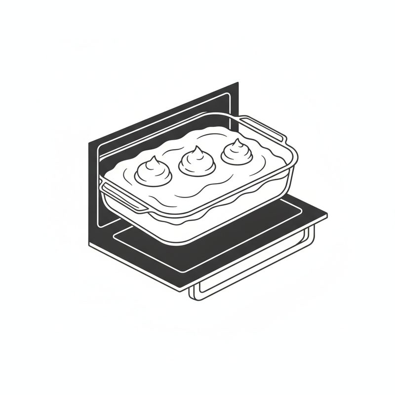 Line drawing of a baking dish of mashed potato with three small mounds on top, sliding into an oven