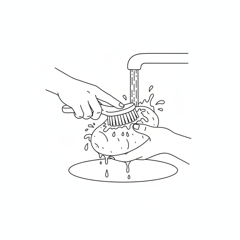 Line drawing of hands scrubbing a raw potato with a brush under a running tap