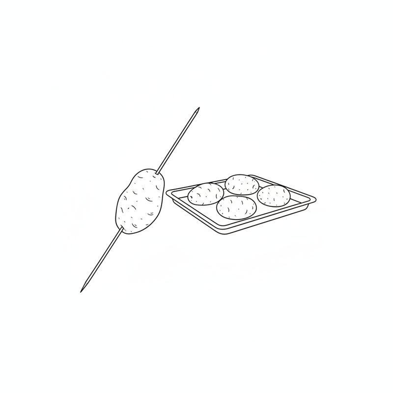 Line drawing of a raw potato pierced on a long pin beside a baking tray of four whole potatoes