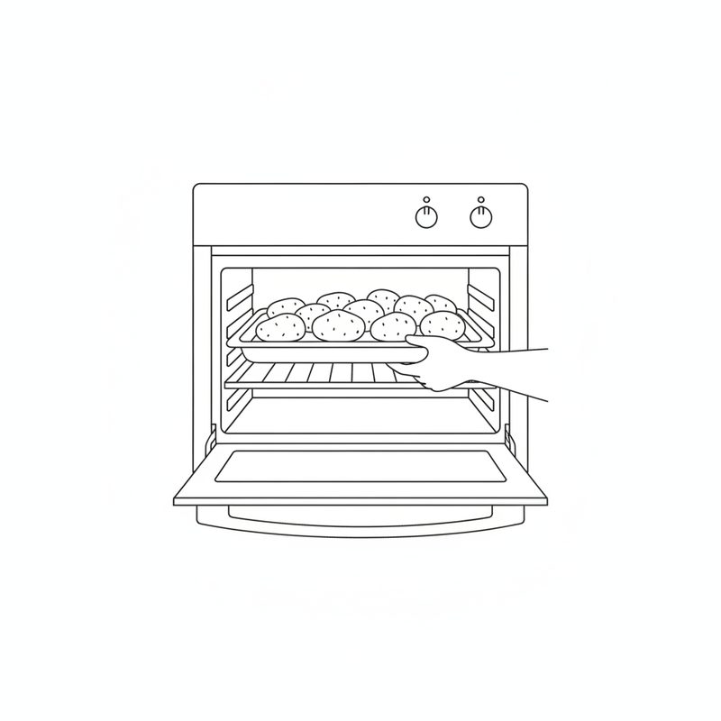 Line drawing of a hand sliding a tray of whole potatoes onto the rack of an open oven