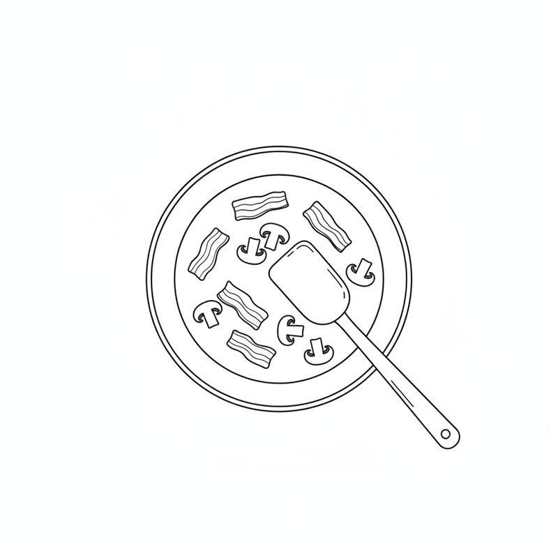Line drawing of bacon strips and sliced mushrooms in a frying pan with a spatula
