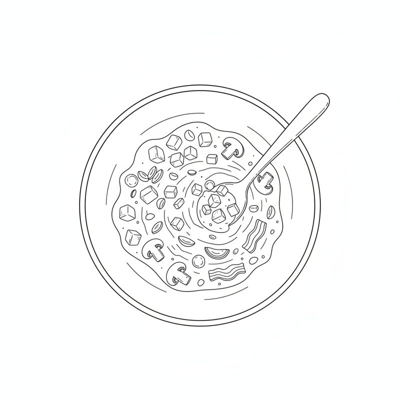 Line drawing of a bowl of creamy filling with diced avocado, mushrooms and bacon being stirred with a spoon