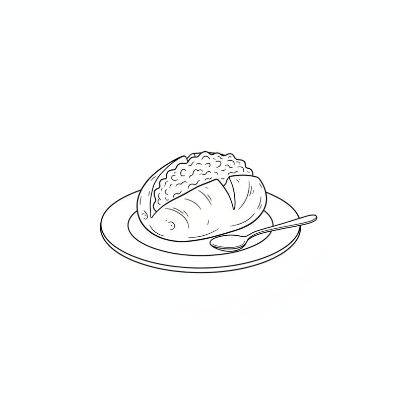 Line drawing of a baked potato cut open on a plate, filled to the top, with a teaspoon beside it