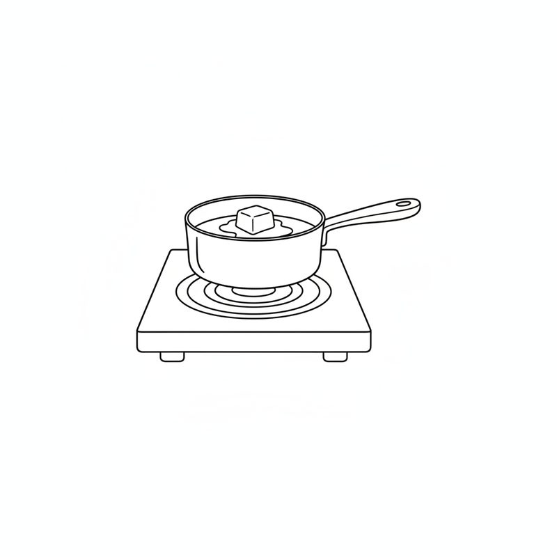 Line drawing of a cube of butter melting in a small saucepan on an electric hob