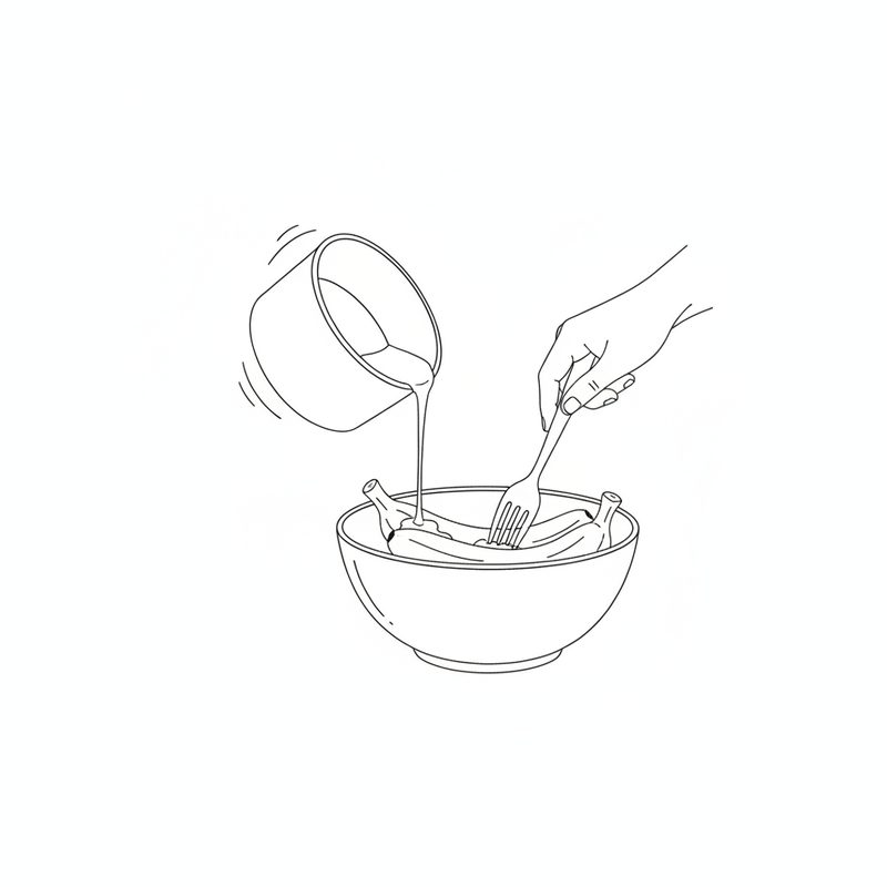Line drawing of melted butter being poured from a saucepan into a bowl of bananas while a fork mashes them