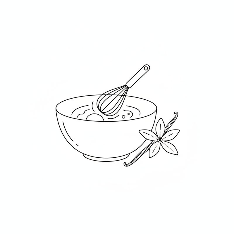 Line drawing of a balloon whisk beating a mixture in a bowl, a vanilla pod and a vanilla flower beside it