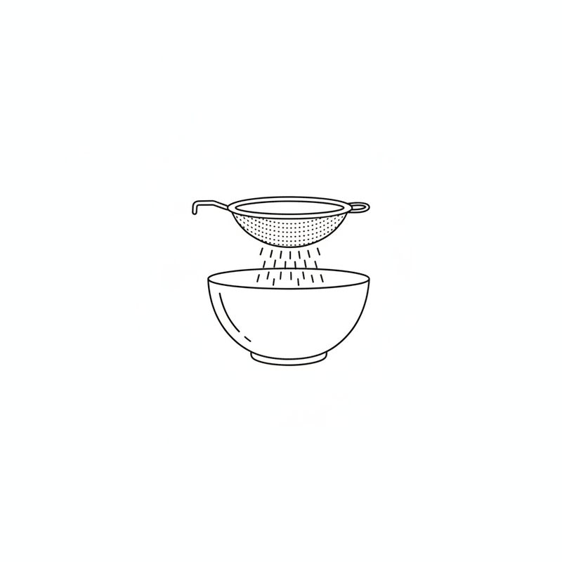 Line drawing of flour sifting through a fine sieve into an empty mixing bowl