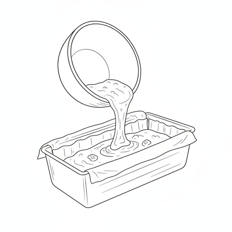 Line drawing of thick banana batter pouring from a bowl into a loaf tin lined with baking paper