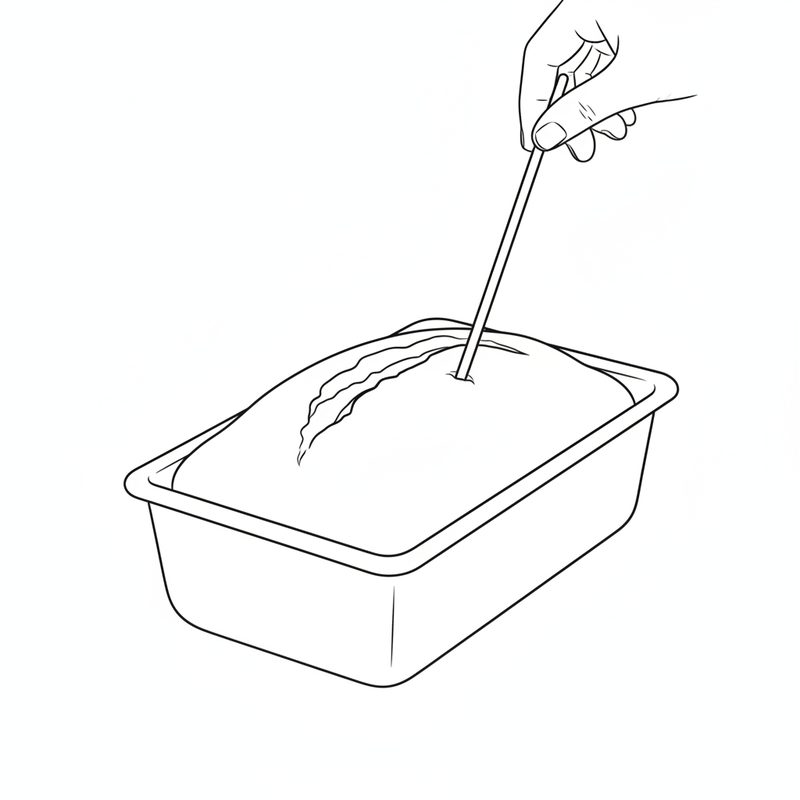 Line drawing of a hand pushing a thin skewer into the domed top of a baked loaf in its tin
