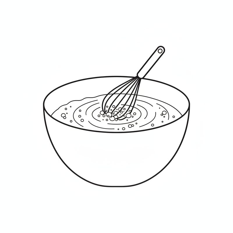 Line drawing of a balloon whisk beating a foamy, bubbly mixture in a large mixing bowl