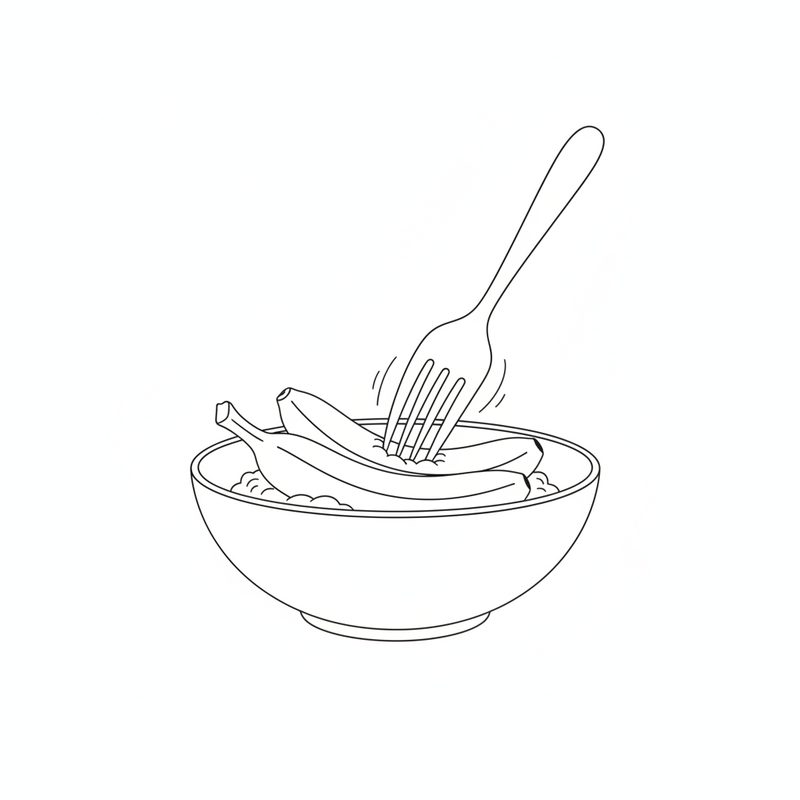 Line drawing of a fork pressing into peeled bananas in a bowl, with mashed banana around them