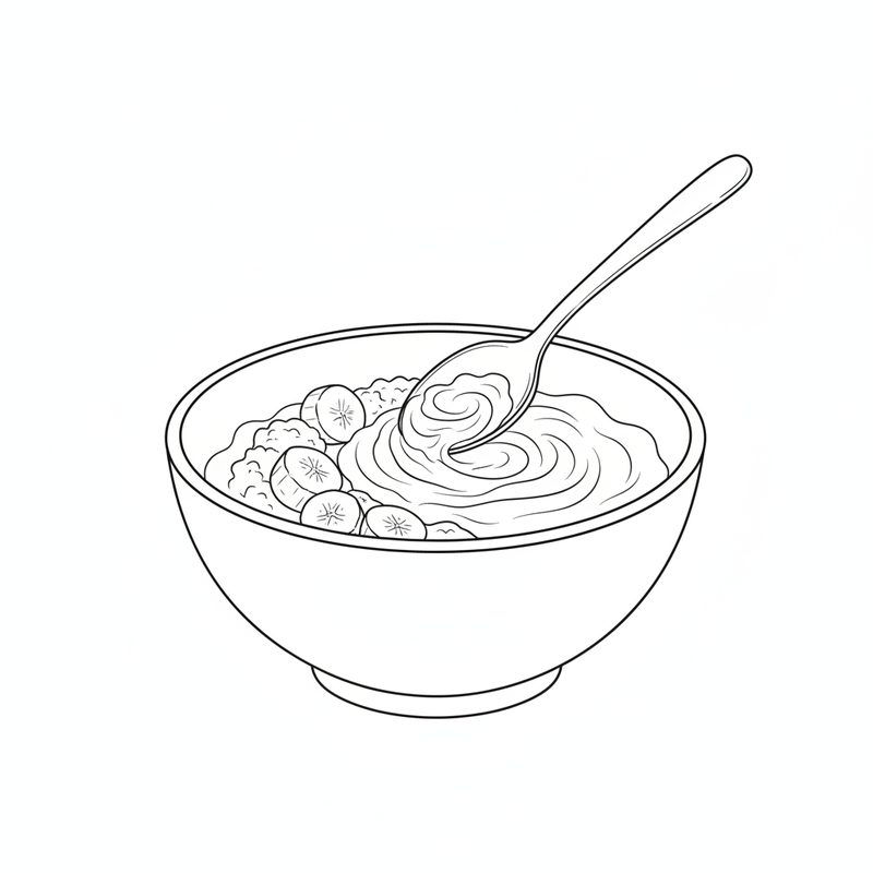 Line drawing of a spoon swirling a creamy mixture in a bowl beside pieces of banana