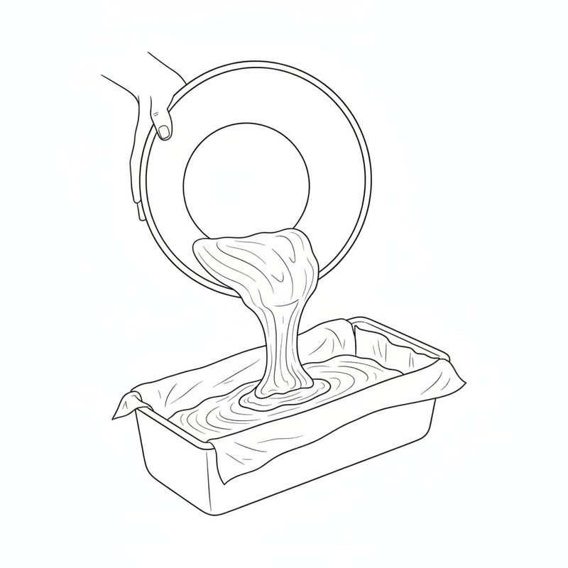 Line drawing of a hand tipping a bowl of thick batter into a loaf tin lined with baking paper